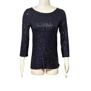 J. Crew Navy Blue Sequin Round Neck 3/4 Sleeve Cotton Pullover Top Size S